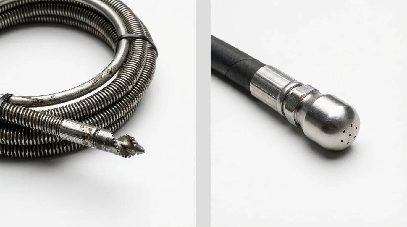 Drain snake cable and hydro jetting nozzle used for drain cleaning in Fremont, NC