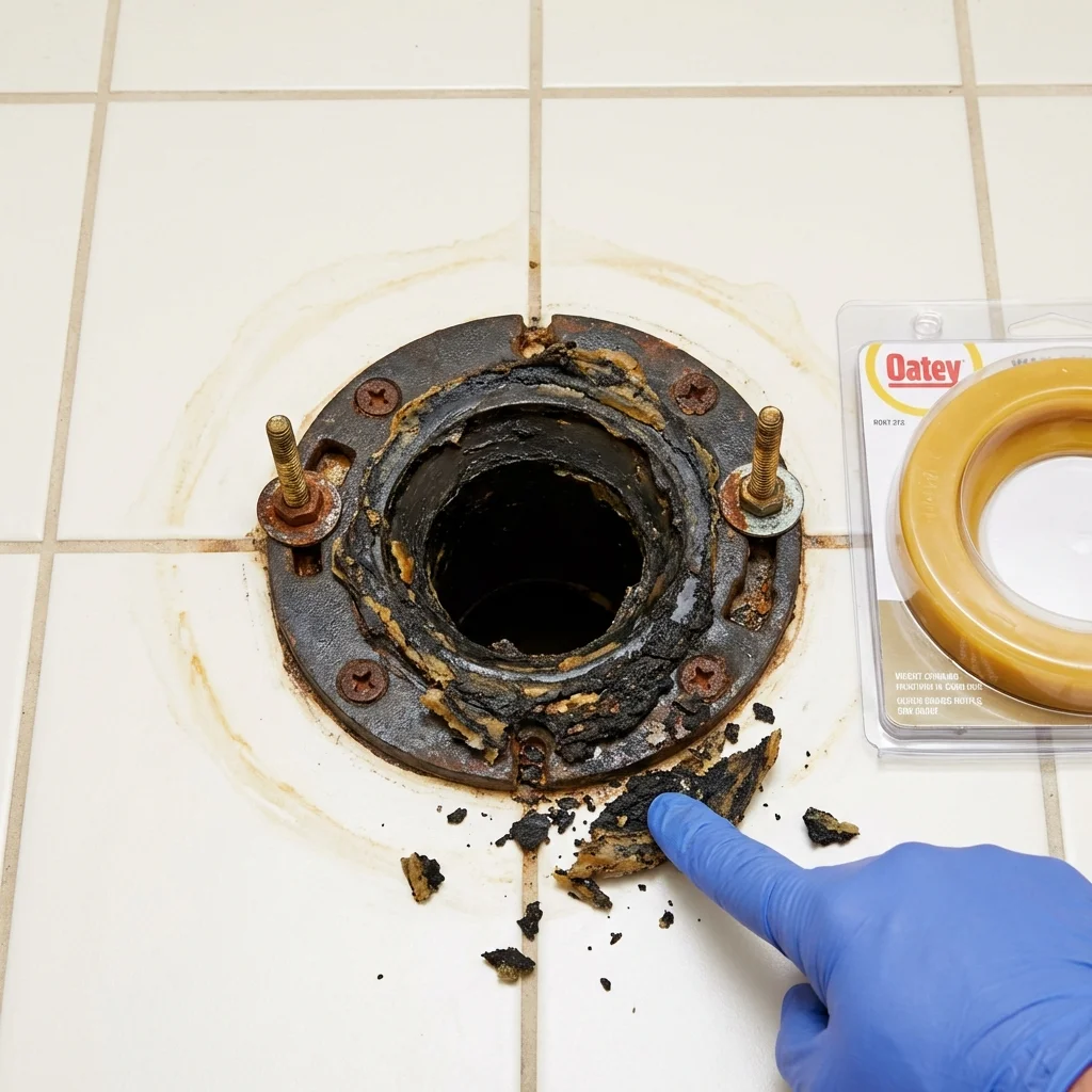 Failed wax ring showing water seepage at the base of a toilet in a Fremont, NC home
