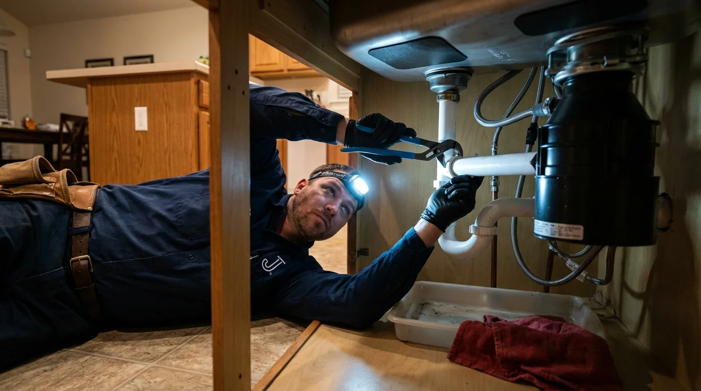 P-trap and supply line connections under a kitchen sink showing a common leak point in Fremont, NC